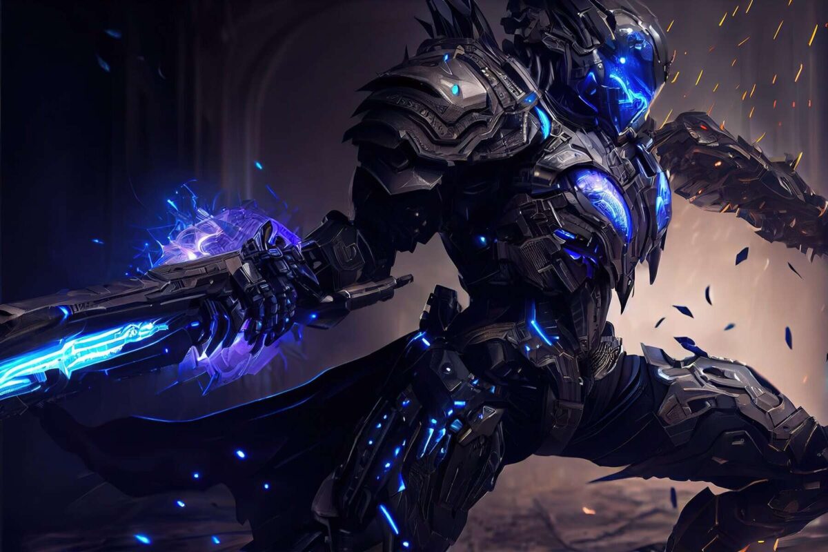Cyborg futurista en combate con efectos de luz azul neón en un escenario oscuro y destruido, representando tecnología avanzada y acción dinámica en videojuegos y cultura pop.