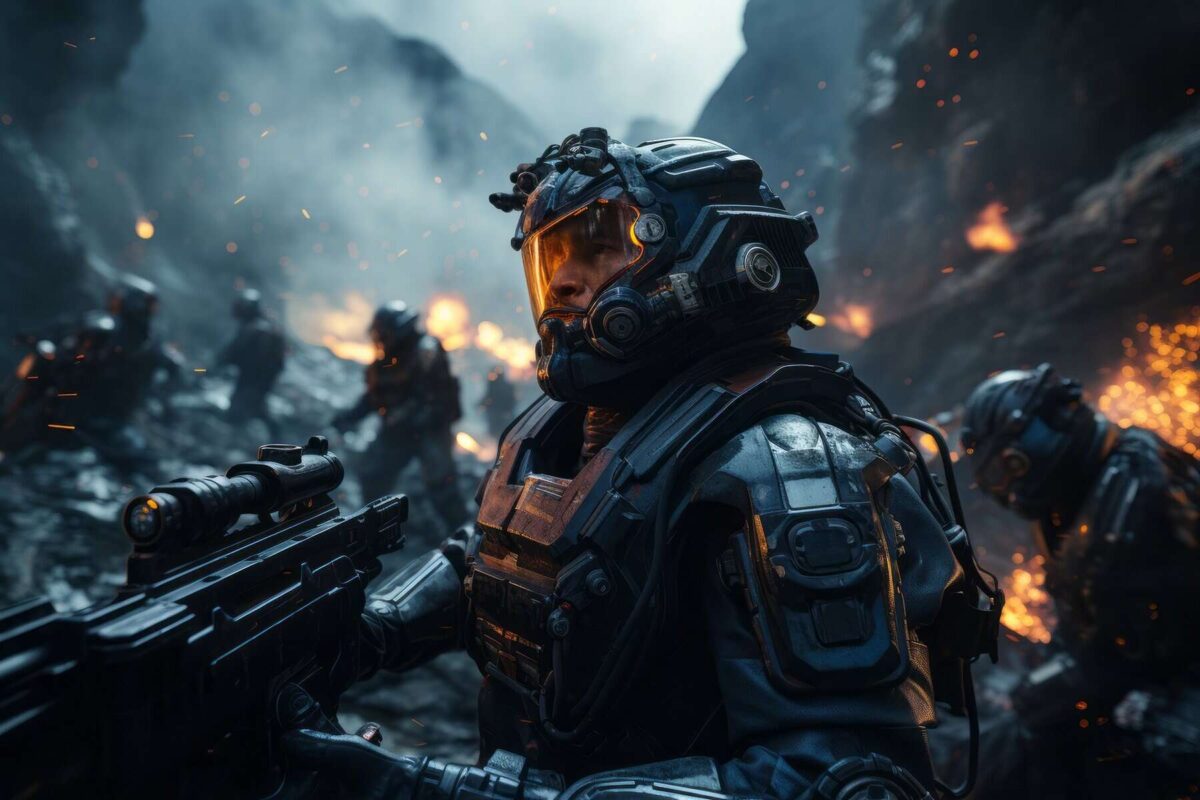 Soldado en combate futurista con armadura avanzada en un entorno de guerra con explosiones y fuego, en un escenario de ciencia ficción que refleja tecnología militar de alta precisión.