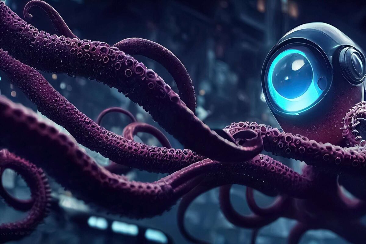 Octopus cibernético con luces azules en un entorno futurista, promocionando tecnología retro y videojuegos en Old School Club.