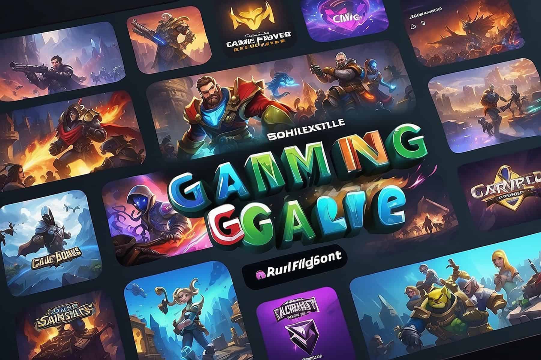 Jugadores en un entorno de videojuegos retro y moderno, promocionando juegos clásicos de la vieja escuela y videojuegos competitivos de estilo gaming.