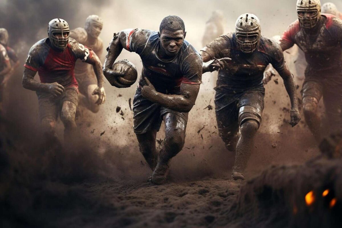 Jugadores de rugby en acción en un campo de barro, corriendo con intensidad y mostrando resistencia en un partido emocionante. Equipados con cascos y ropa deportiva, luchan en condiciones extremas del juego.