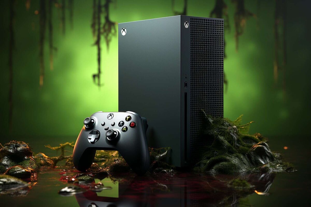 Consola Xbox Series X con mando sobre un entorno que evoca un bosque oscuro, resaltando la experiencia de juego retro en línea en Old School Club. Perfecto para fans de los videojuegos clásicos.