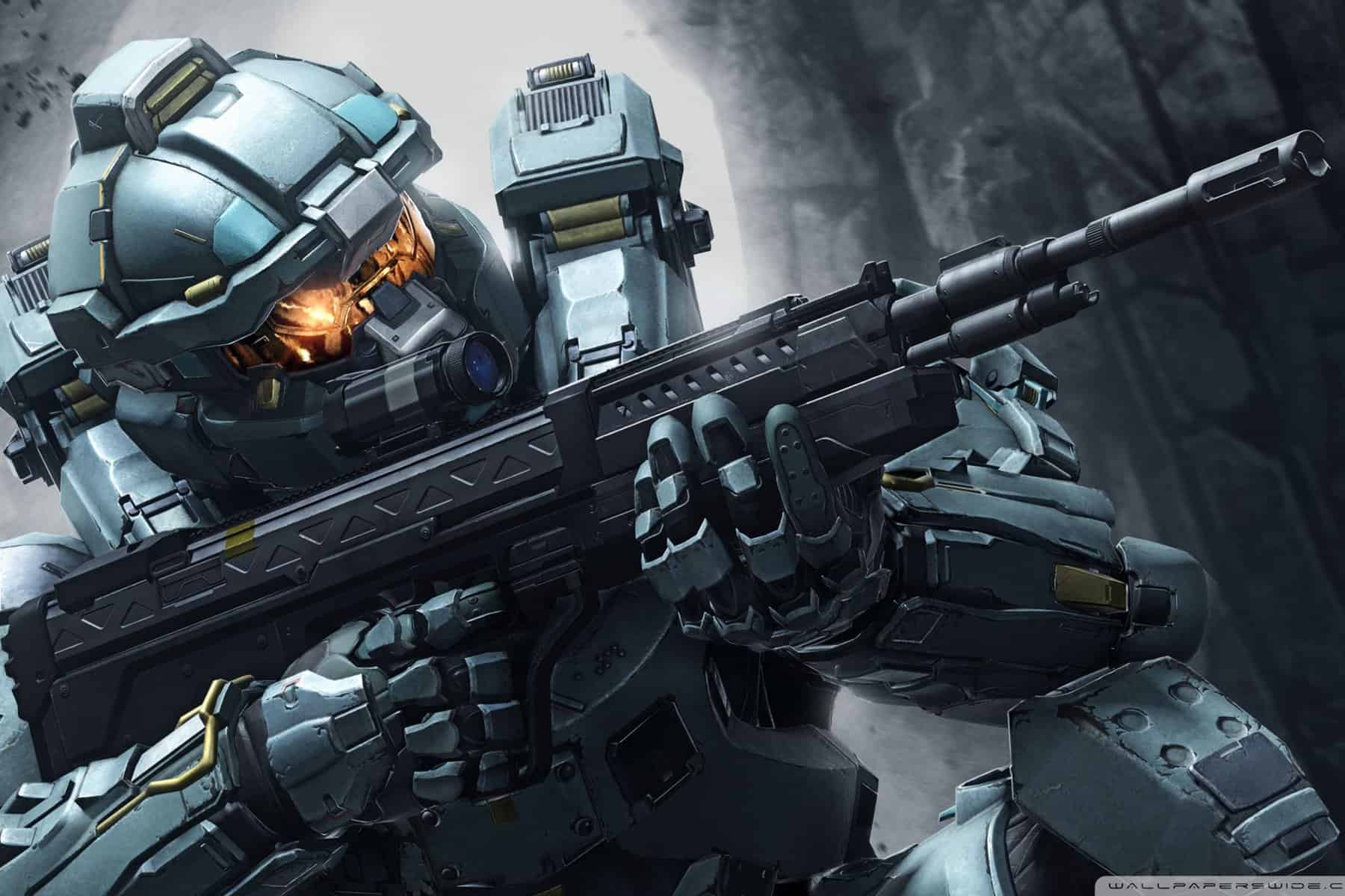 Escenario futurista con soldado en armadura avanzada sosteniendo rifle de alta tecnología en un entorno oscuro y rocoso, destacando temática de juegos de disparos y estrategia militar en el estilo Old School Club.