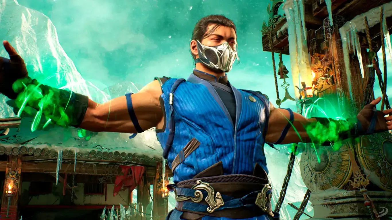 Héroe de videojuegos de lucha callejera con armadura moderna y energía verde mística, en un entorno de fiesta y cultura asiática con decoraciones tradicionales.