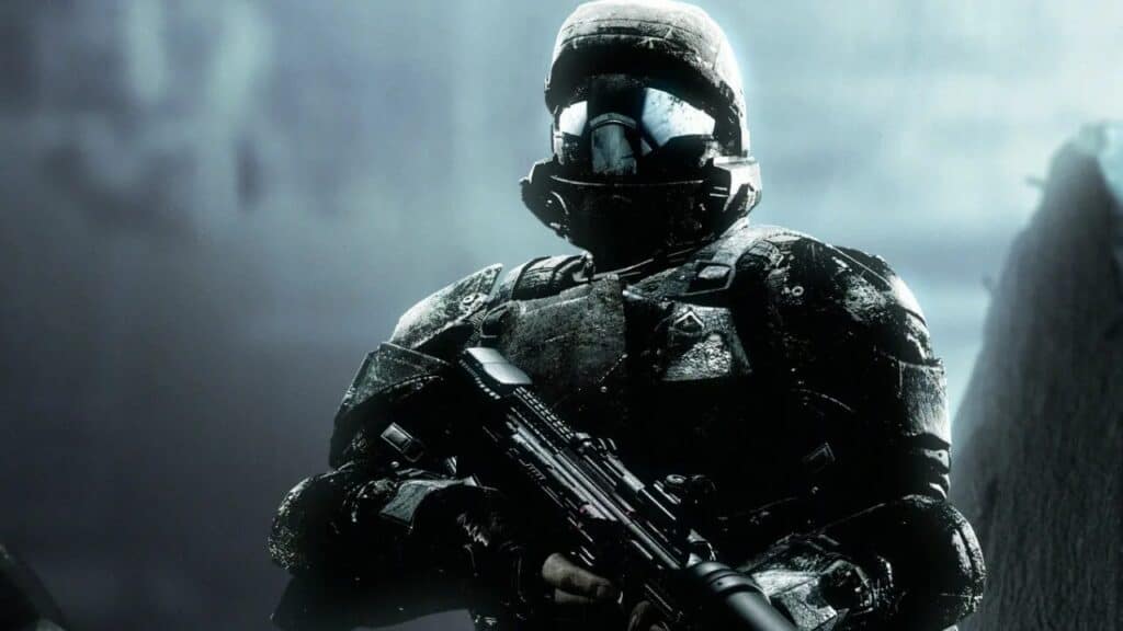Soldado con armadura futurista y arma de alta tecnología en un ambiente oscuro y misterioso.