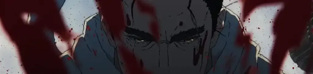 Un personaje de anime con expresión intensa y sangre en el rostro, representando acción y emoción en estilo artístico oscuro.