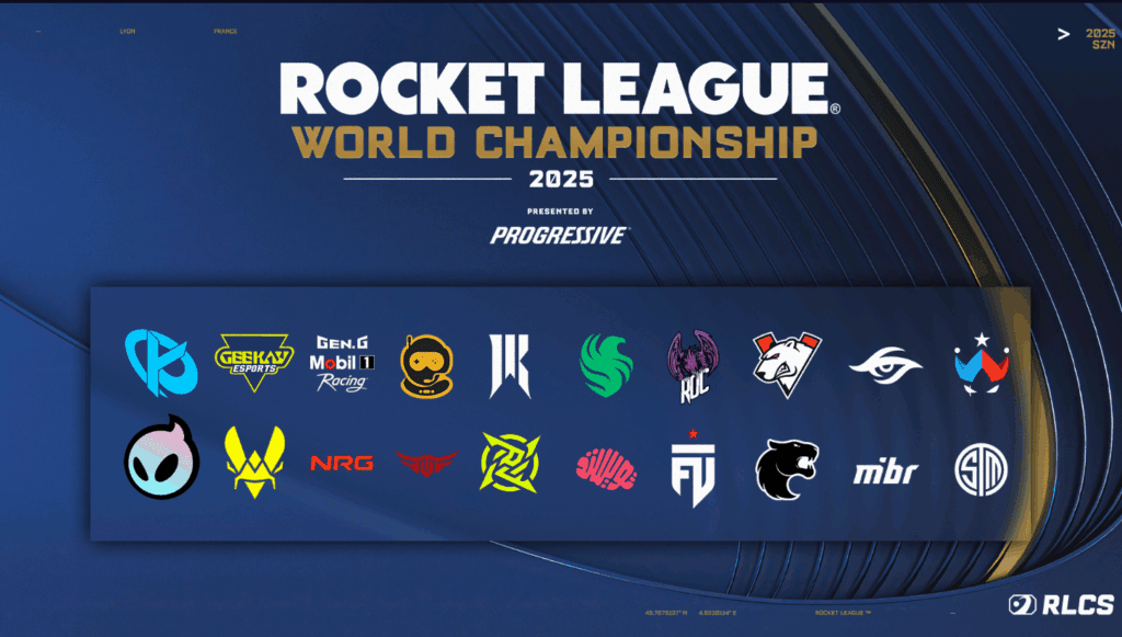 Equipos de eSports partecipando en la Liga Rocket League World Championship 2025 con logotipos destacados en un escenario digital.