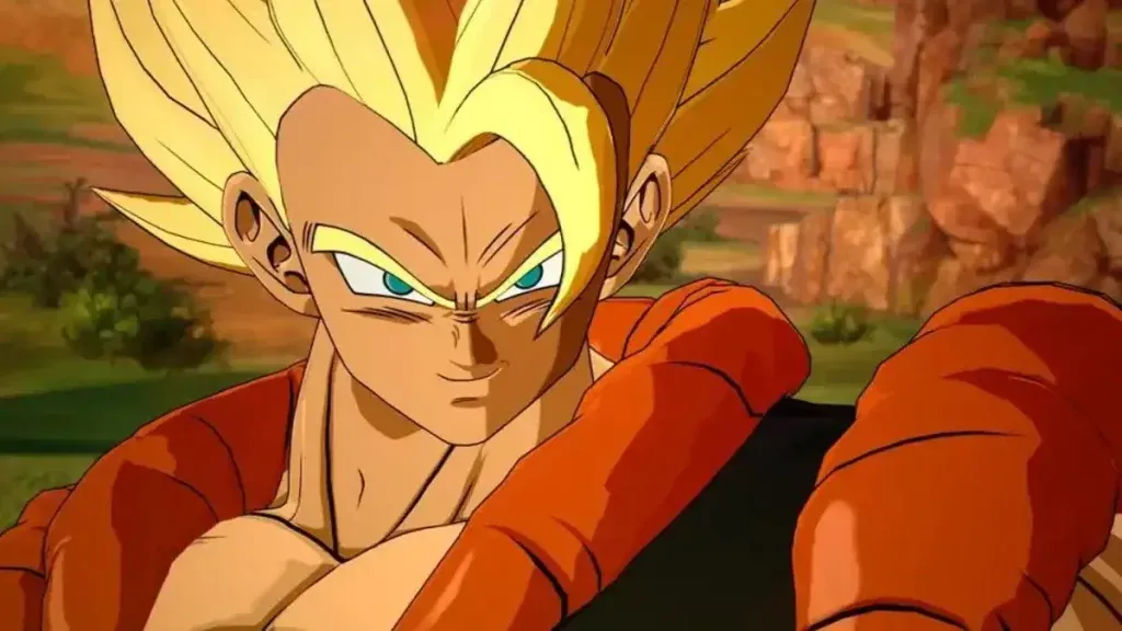 Super Saiyan Goku en modo de combate, imagen épica de Dragon Ball Z con fondo de naturaleza y entorno de batalla.