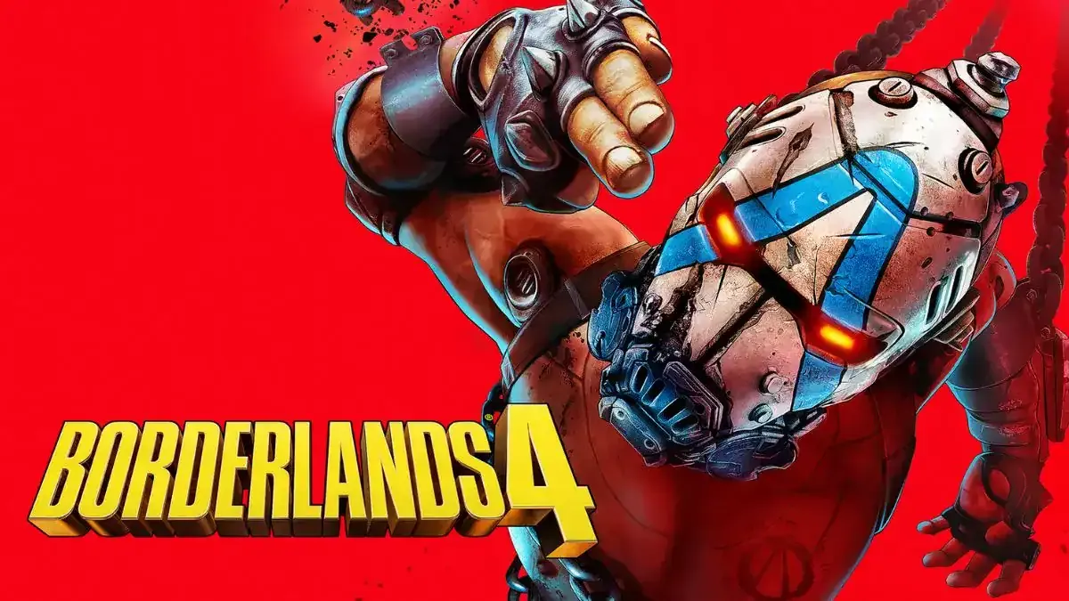 Guerrero de ciencia ficción con armadura futurista en portada del juego Borderlands 4, fondo rojo vibrante, estilo de arte de videojuego, acción y tecnología avanzada.