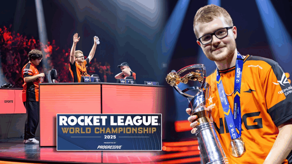 Campeones de Rocket League en la Final Mundial 2025 con trofeo y medallas, celebrando su victoria en el torneo internacional de eSports. Equipo de jugadores profesional en medio de reconocimiento y éxito.