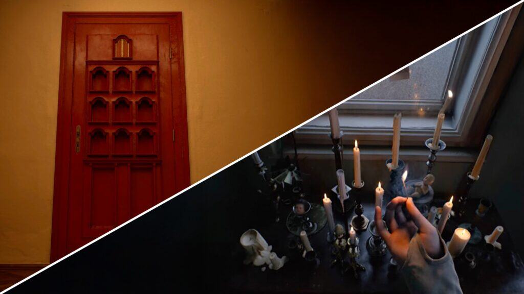 Escena inquietante de OD con ritual de velas y atmósfera de terror