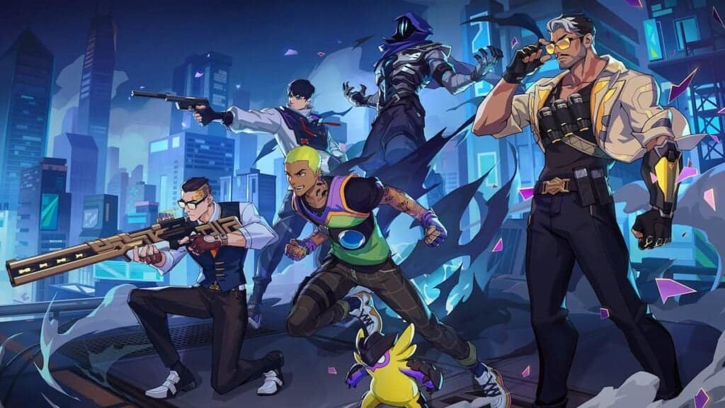 Captura de personajes de videojuegos retro estilo Old School Club en un escenario urbano futurista con personajes armados y tecnología avanzada, representando la nostalgia de los videojuegos clásicos.