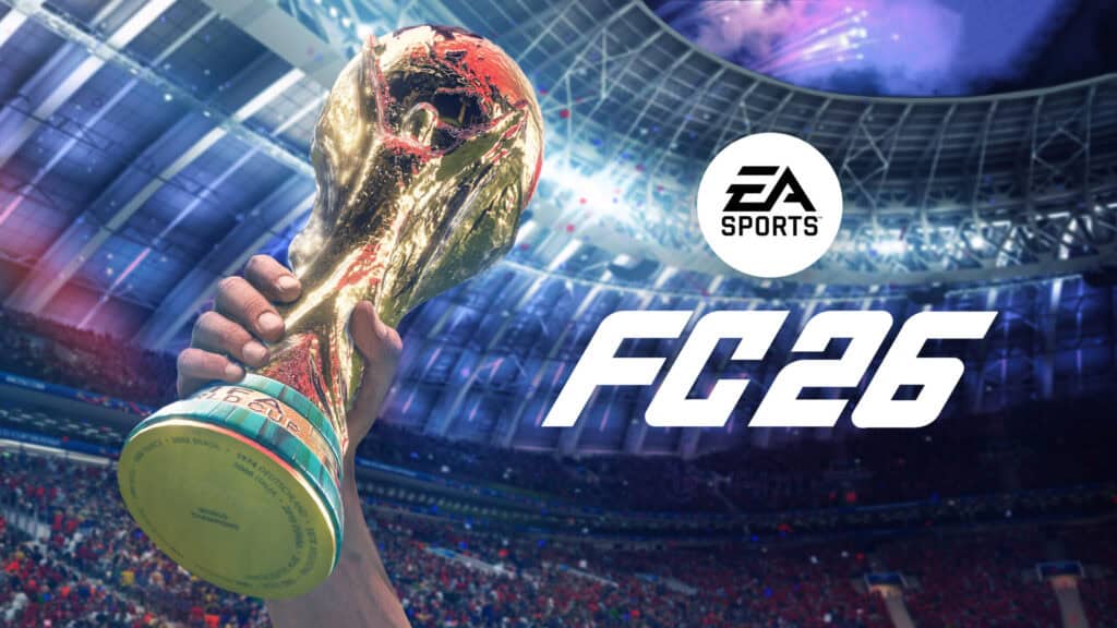 Portada de EA Sports FC 26 con la Copa del Mundo en un estadio lleno