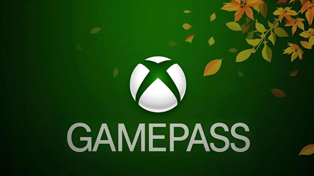 Xbox Game Pass, servicio de suscripción de videojuegos con acceso a una amplia biblioteca de juegos, en un fondo verde con hojas otoñales.