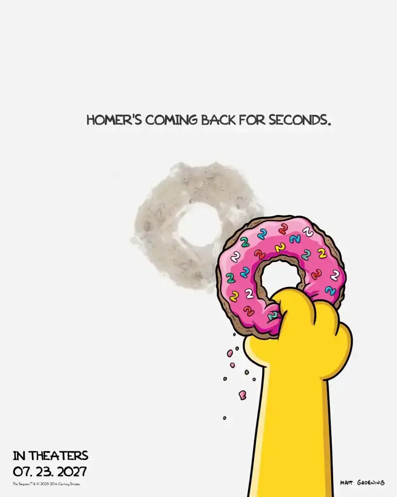 The Simpsons Movie 2 – póster con donut rosa ilustrado por Matt Groening.