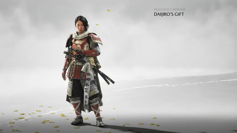 Atsu usando la Dragonfly Armor y disparando un arco en Ghost of Yōtei.