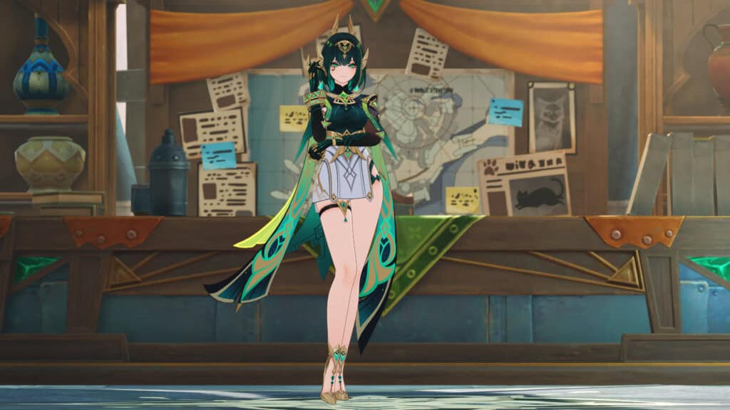 Néfer Genshin Impact Luna II personaje Dendro de 5 estrellas con catalizador
