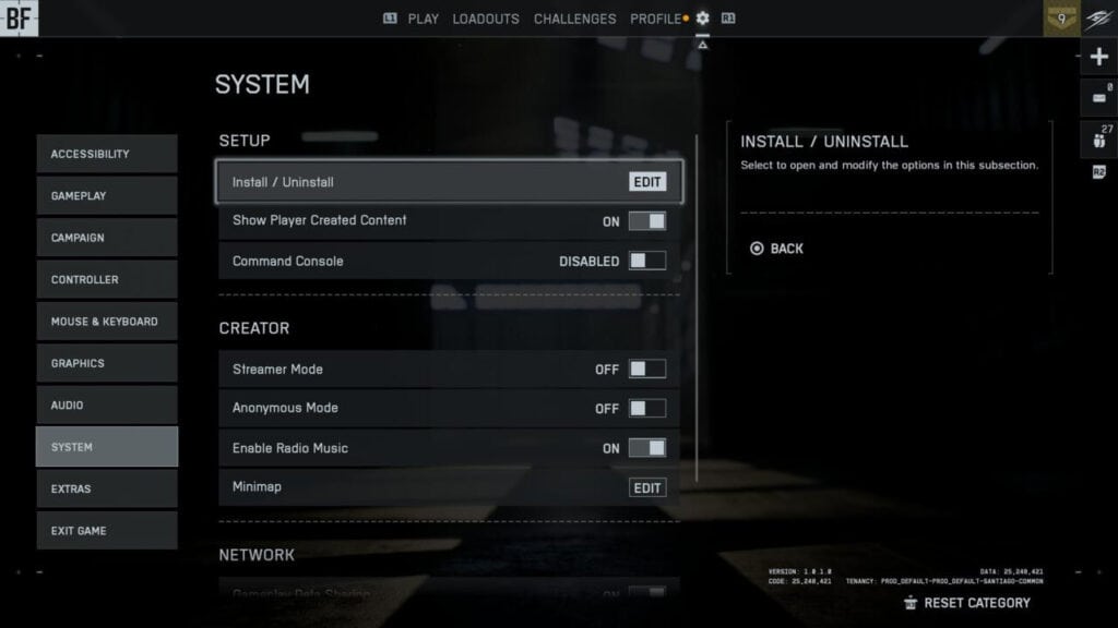 Menú de instalación de Battlefield 6 en consola mostrando opciones de campaña y multijugador