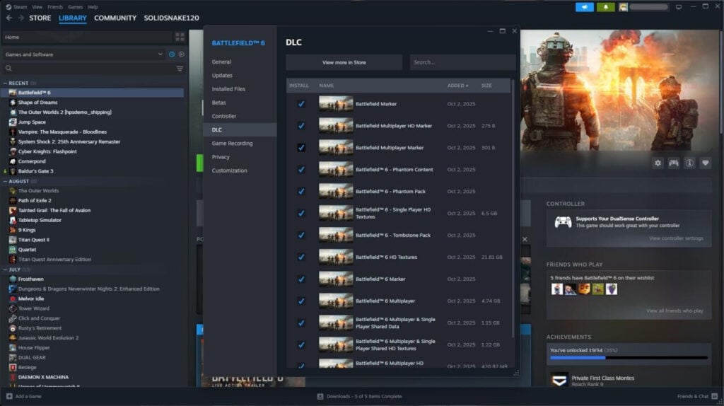 Opción de desinstalar la campaña de Battlefield 6 desde el menú de sistema