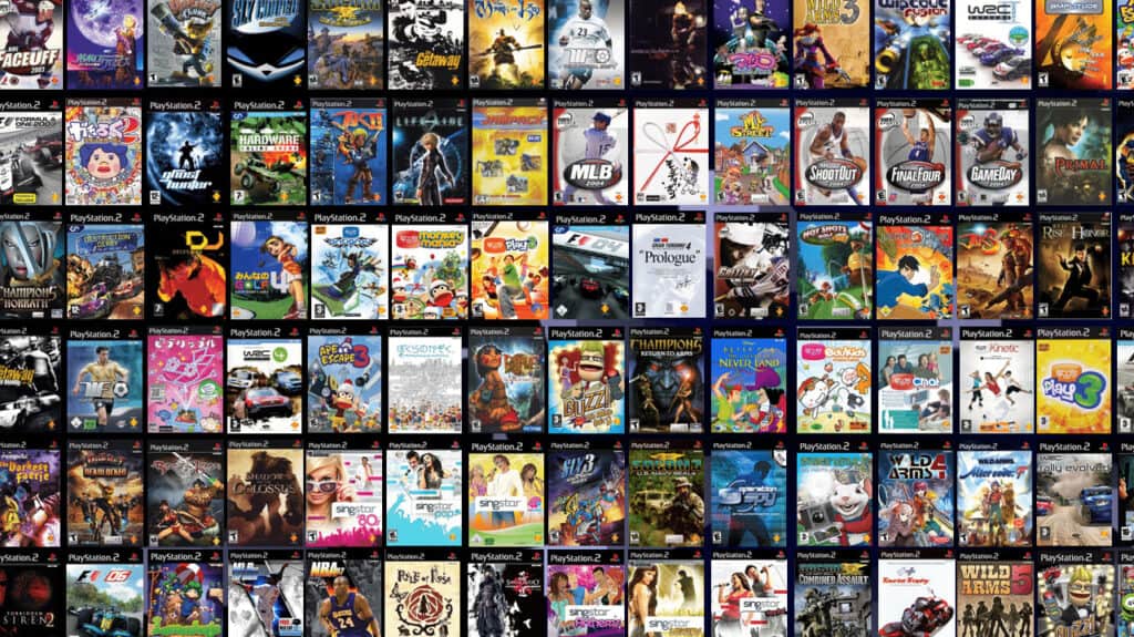 Juegos clásicos de PlayStation 2 aniversario como GTA San Andreas, Shadow of the Colossus y Final Fantasy X apilados en estuche original.