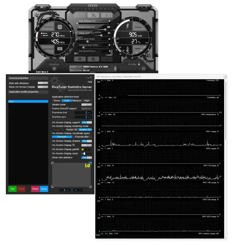 Interfaz de MSI Afterburner 4.6.6 y RivaTuner Statistics Server mostrando monitoreo en tiempo real de GPU y FPS