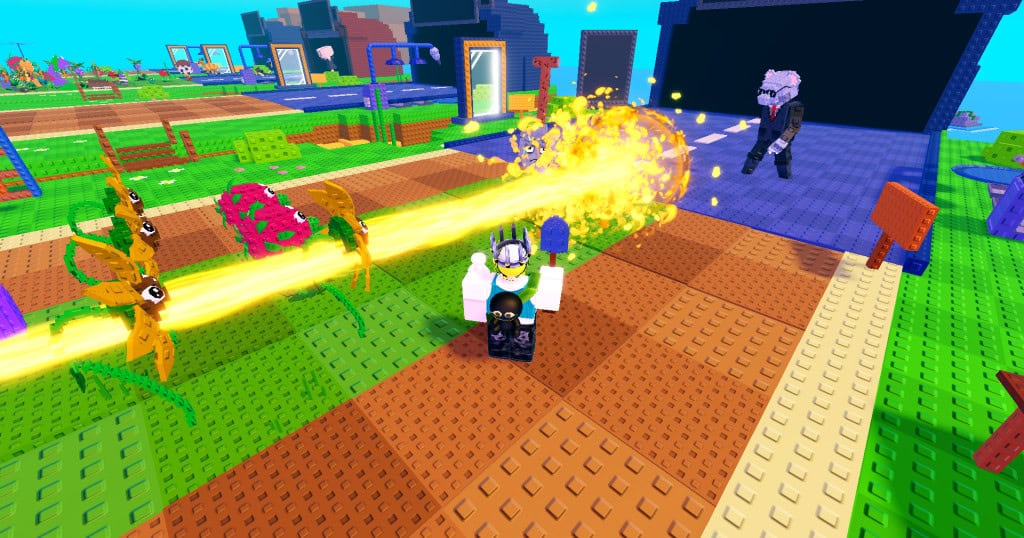 Plantas atacando brainrots durante una partida en Roblox Plants Vs Brainrots