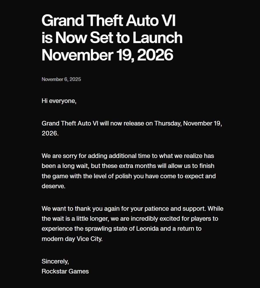Rockstar anuncia el nuevo retraso de GTA VI
