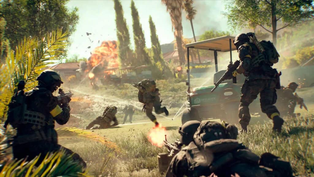 Carrito de golf Turfpro PTV Royale estacionado en un almacén oscuro en Battlefield 6.