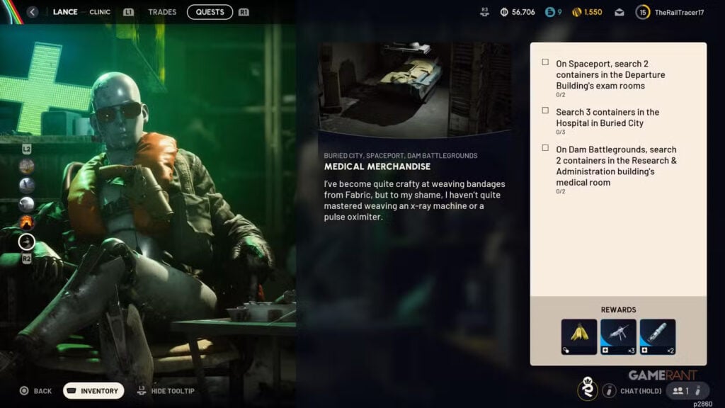 Pantalla de equipamiento mostrando objetos médicos para la Misión Reveal in Ruins