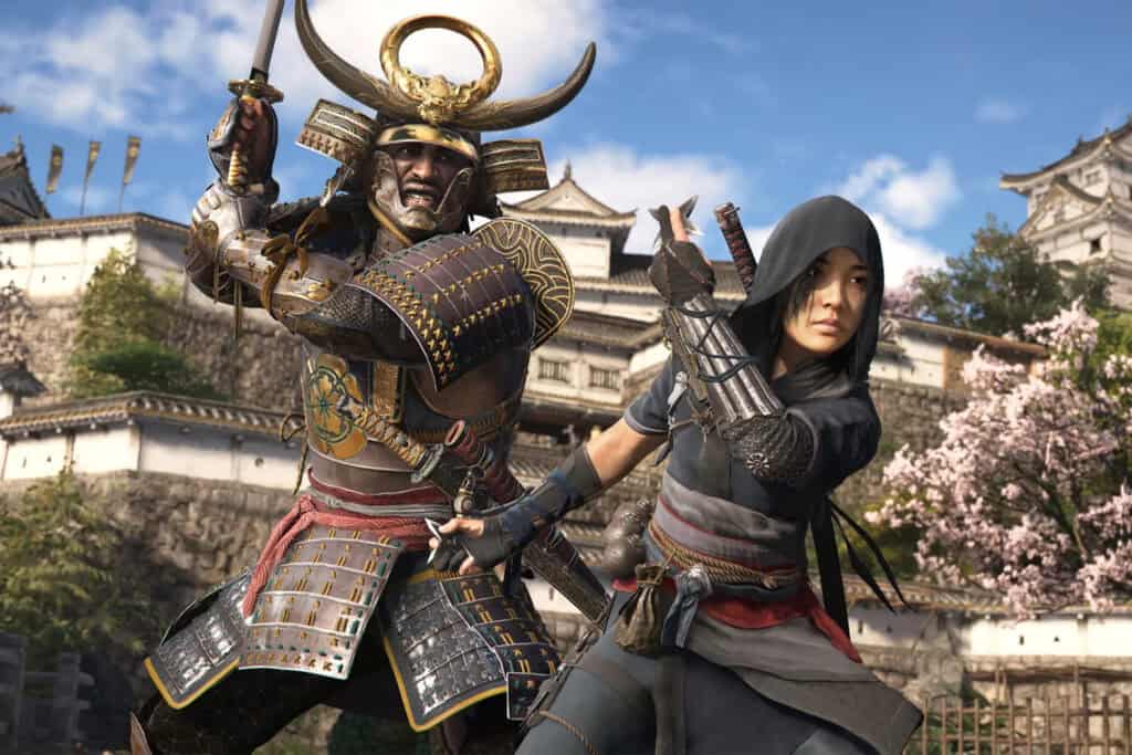 Escena de Assassin’s Creed Shadows en Japón feudal con los protagonistas en un entorno histórico.