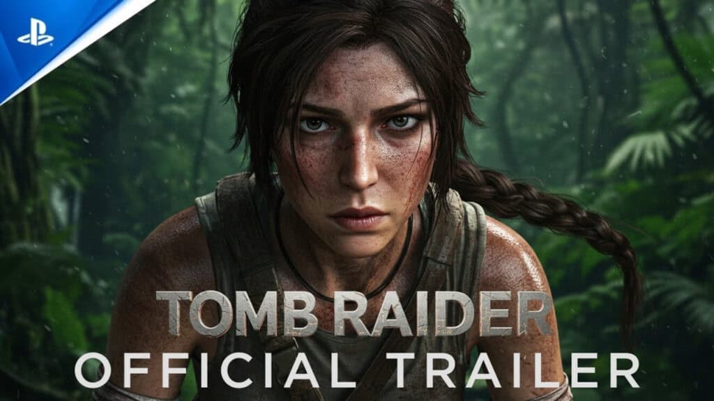Arte promocional del nuevo juego de Tomb Raider con Lara Croft desarrollado por Crystal Dynamics y Amazon.