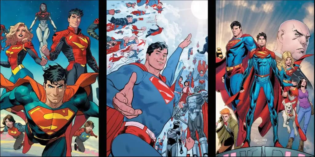 Arte conceptual del nuevo universo DC bajo la gestión de James Gunn mostrando a Superman y Batman.