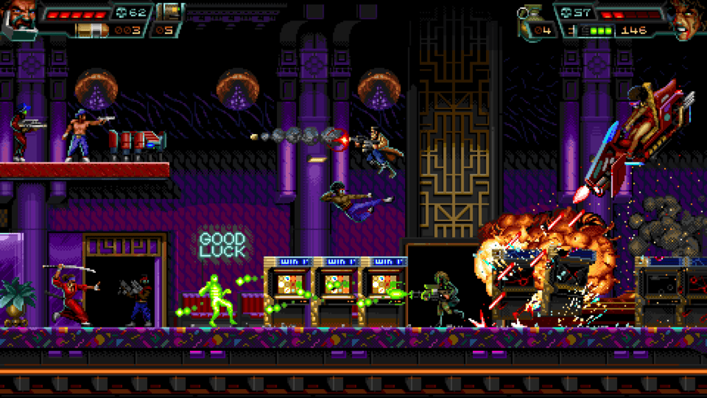 Escenario cyberpunk y combate pixel art en Huntdown Overtime.
