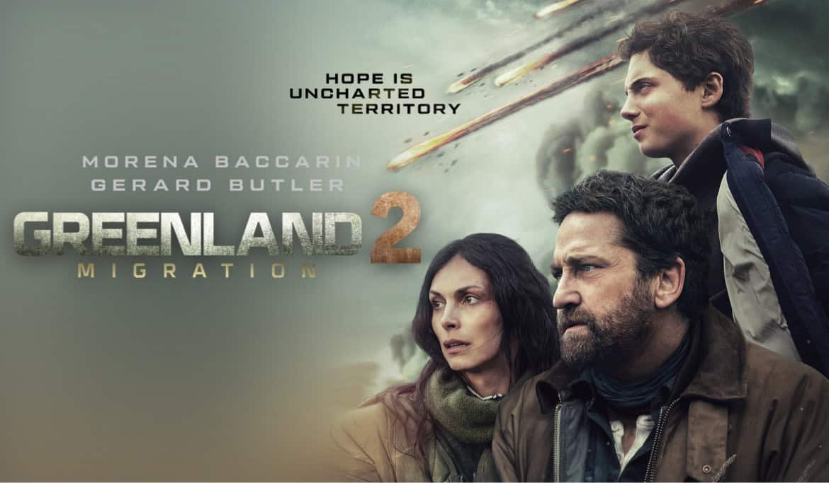 Escena de Greenland 2 Migration, película de catástrofes ambientada en un mundo devastado, estreno de cine en 2026.