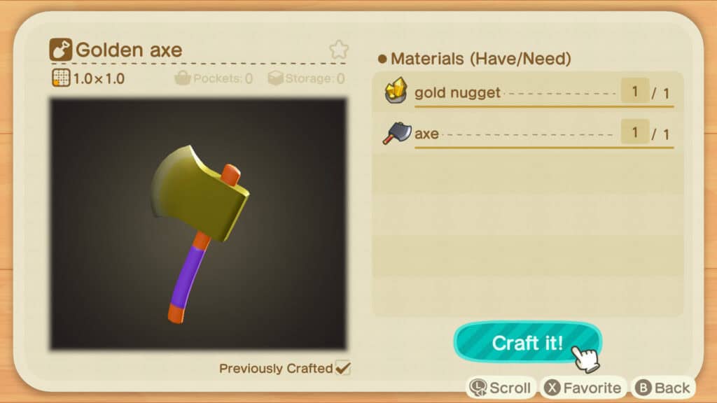 Hacha dorada Animal Crossing New Horizons