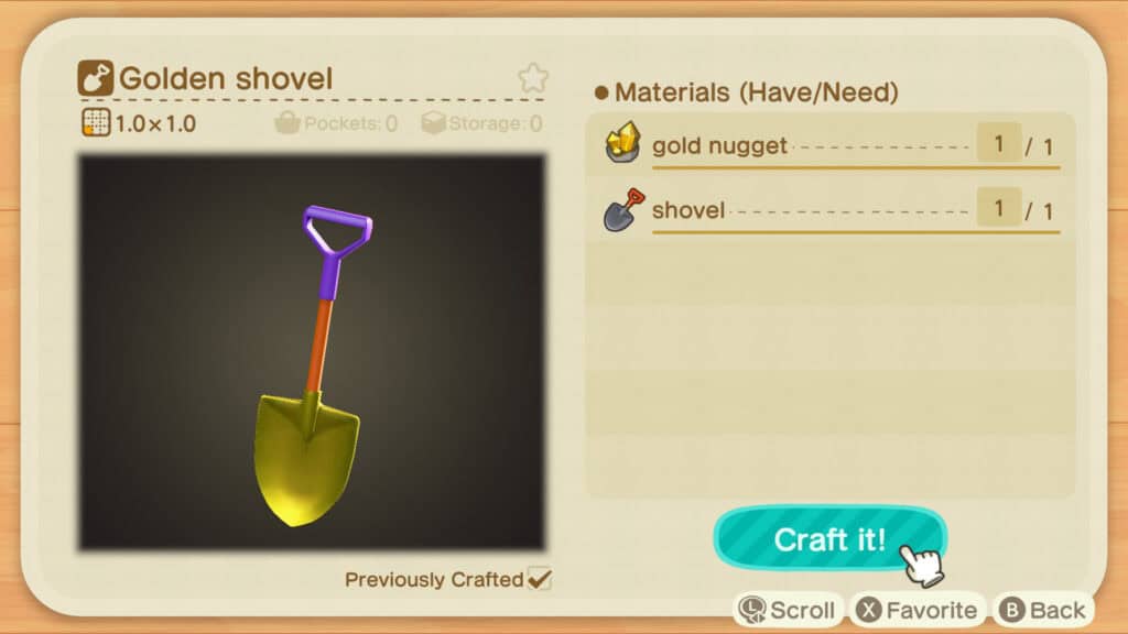 Pala dorada Animal Crossing New Horizons