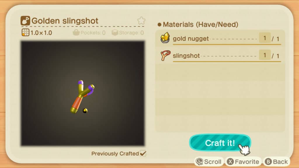Tirachinas dorado Animal Crossing New Horizons