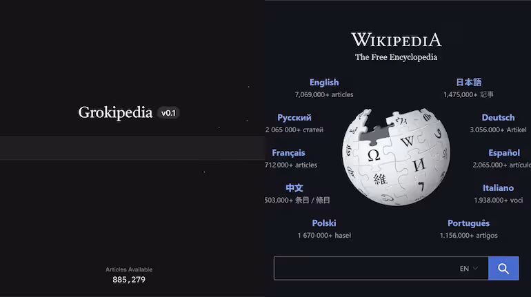 Interfaz comparativa entre Grokipedia y Wikipedia