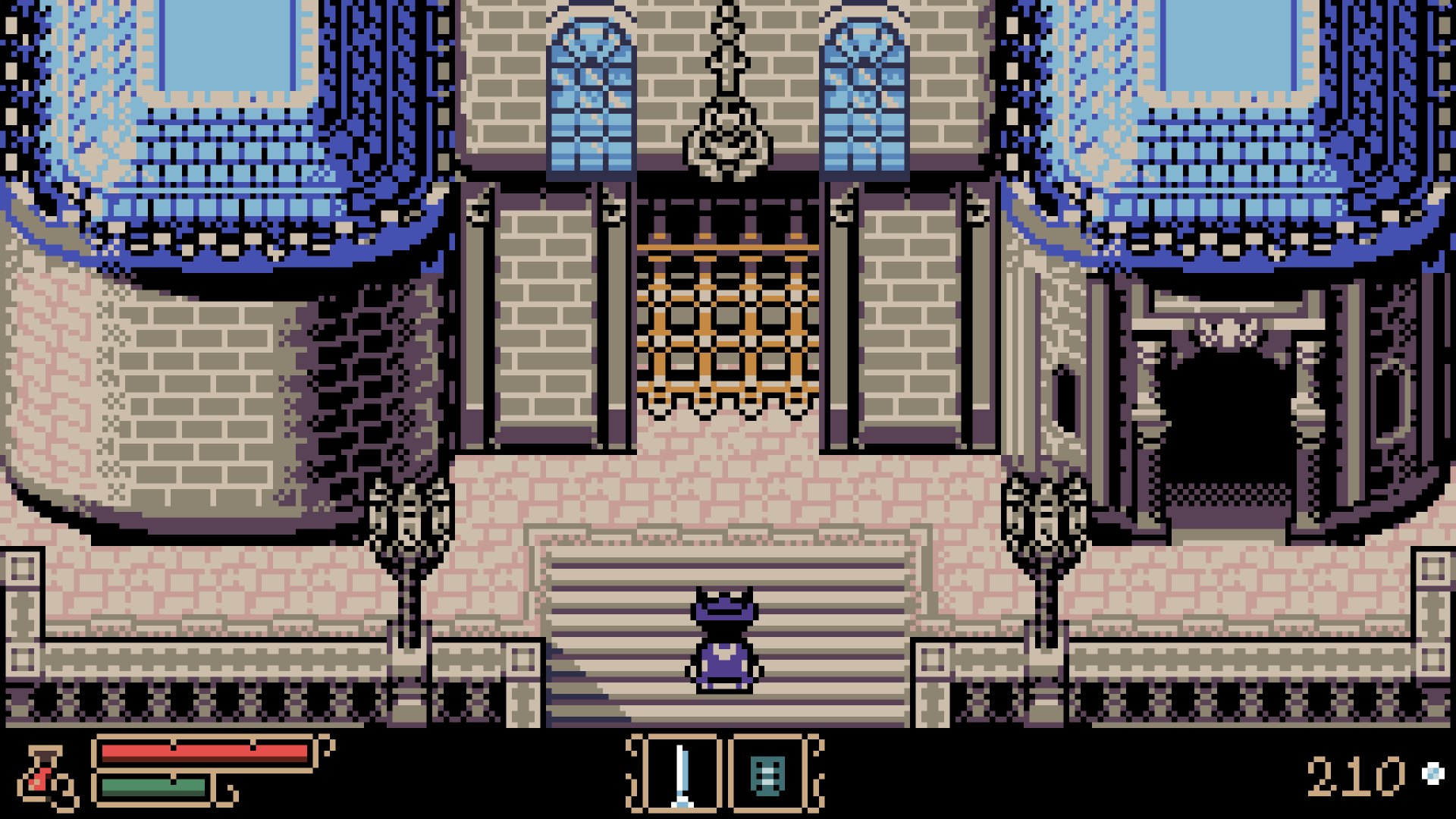 Captura de pantalla del juego Tearscape mostrando combate de 8 bits en un mundo gótico.2