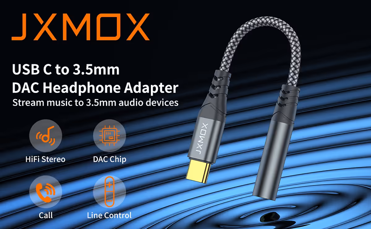 Cable de audio JXMOX USB-C a Jack Auxiliar de 3.5mm — Cable premium con extra de longitud para movimientos naturales
